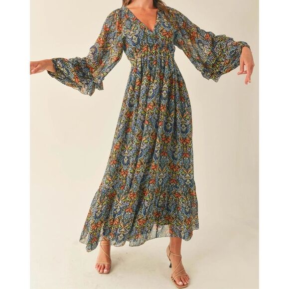 NWT Reset By Jane Esmeralda Bohemian Balloon Sleeve Maxi Open Back Dress Small - Picture 1 of 12